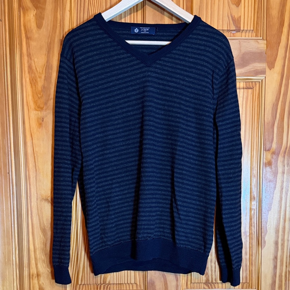 J. Crew Men's 100% Merino Wool Navy and Gray Striped V-Neck Sweater